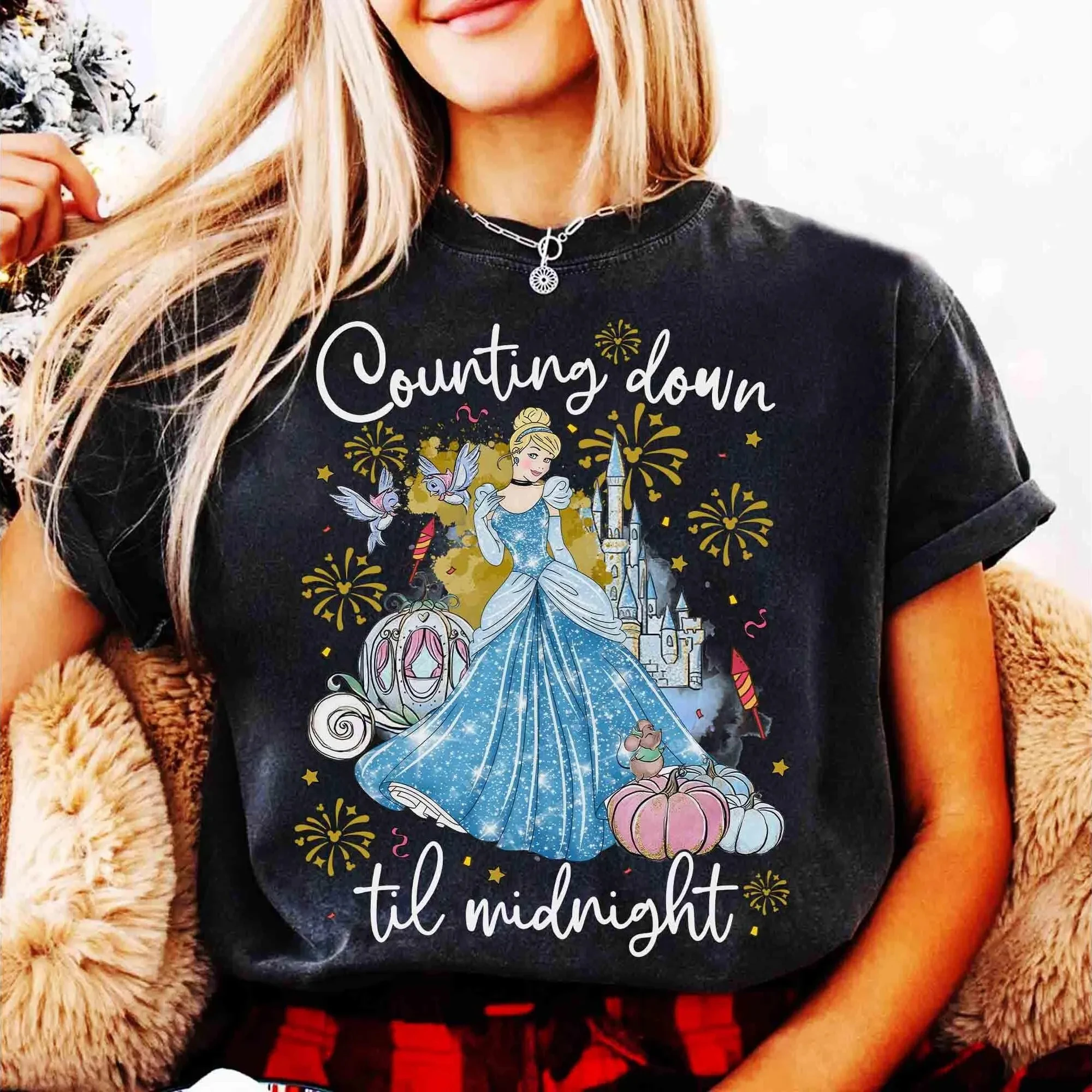 Disney Cinderella Princess T-shirt, "Countdown Midnight, Happy New Year 2026" T-shirt, "Goodbye 2025, Hello 2026" T-shirt