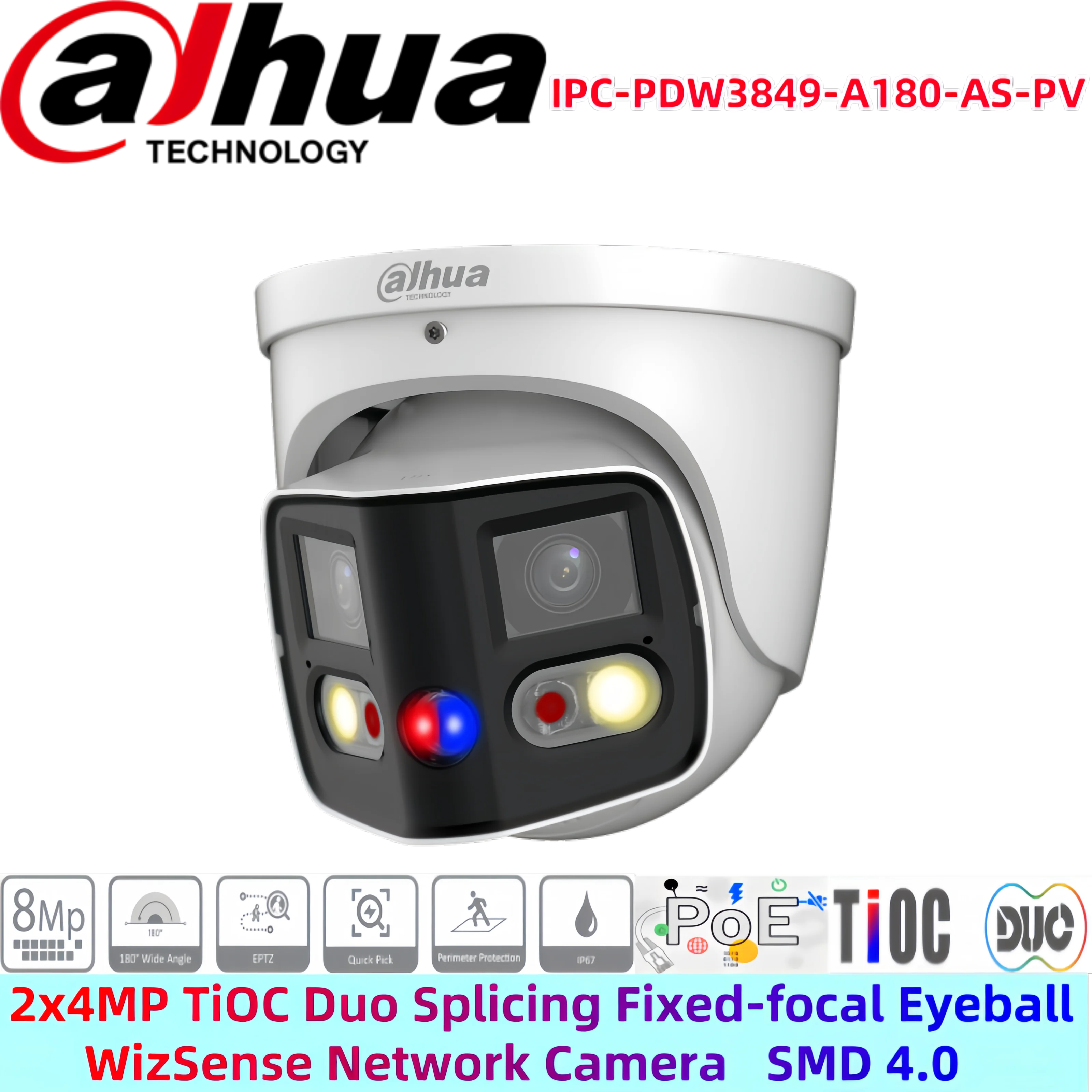 dahua IPC-PDW3849-A180-AS-PV 2x4MP TiOC Duo Splicing Fixed-focal Eyeball WizSense Network Camera IP67 protection SMD 4.0