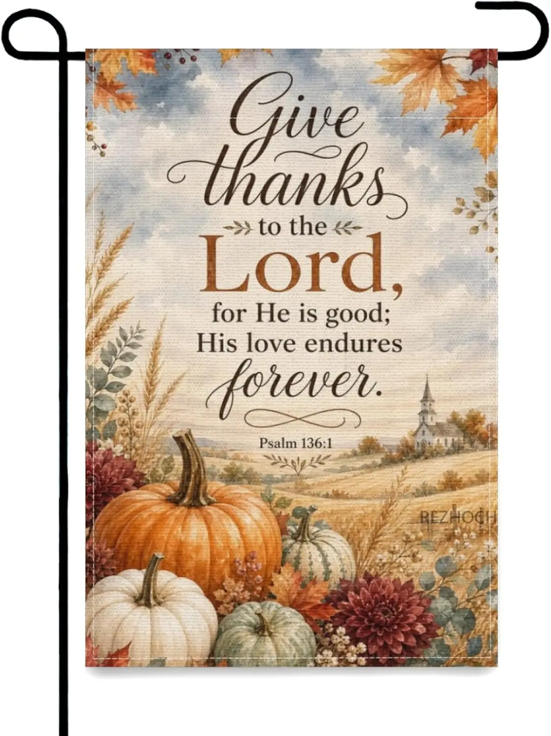 Give Thanks to the Lord Psalm 136:1 Garden Flag 12x18 Inch Autumn Farm Landscape Barn Sunset Wheat Field Thanksgiving Countr aaz