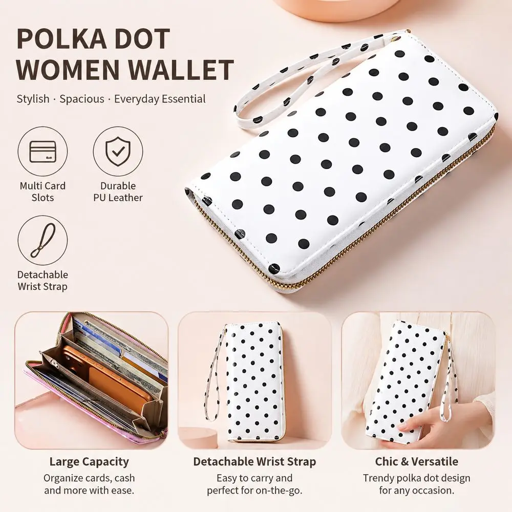Polka Dot Pattern Polka Dot Wallet Zip Around Closure Multiple Card Slots Coin Purse Smooth Surface Detachable Wrist Strap