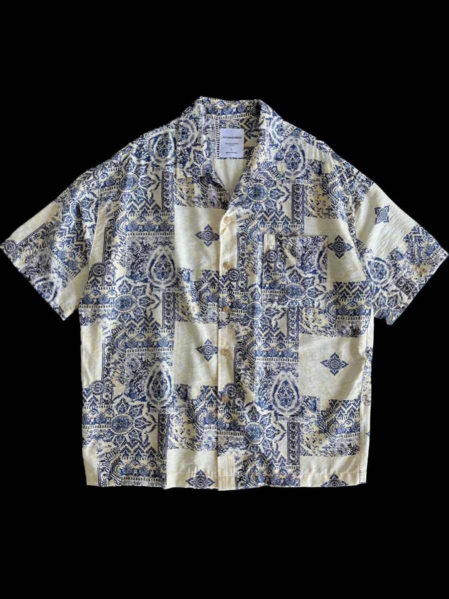 

Мужская летняя рубашка с коротким рукавом и кубинским воротником, с ретро-принтом в гавайском стиле, износостойкая, из полиэфирного волокна, модная повседневная одежда