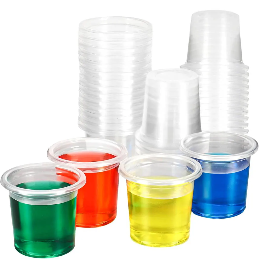 Mini vasos desechables de gelatina de 0,6 oz/20ml, pequeños vasos de muestra de plástico transparente para degustación de Alcohol Tequila, fiesta de animación de un disparo