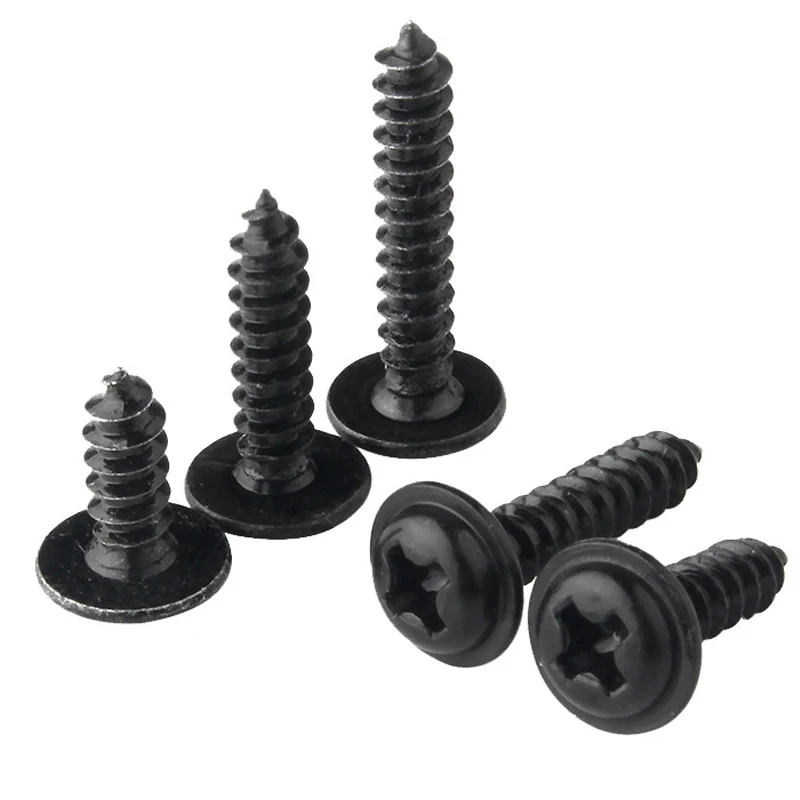 100pcs/lot Black Self-tapping Screw Pan Head PWA Cross Round Head With Washer Cushion M1.4 M1.7 M2 M2.3 M2. 6 M3 M3.5 M4