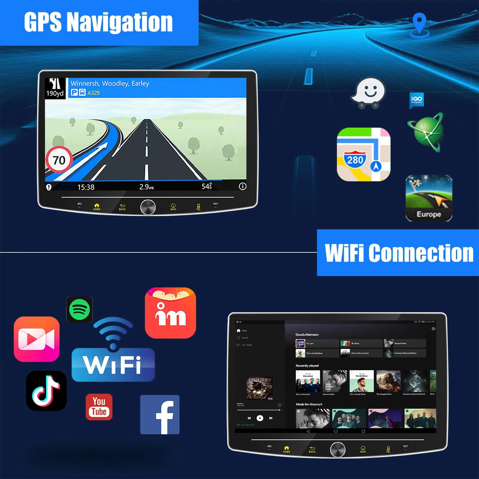 ESSGOO 10.1 "1 DIN شاشة تعمل باللمس العالمي اللاسلكي carplay أندرويد السيارات راديو ستيريو للسيارة 64G أندرويد 14 GPS NAVI SWC BT MIC WIFI