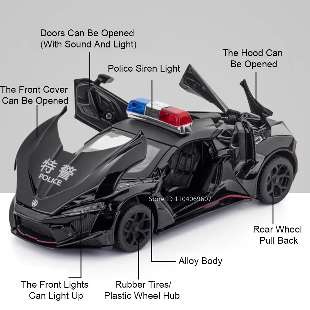 1:32 Lykan Hypersport Model Toy Cars Alloy Diecast Police Car Sound Light Pull Back Drzwi Otwarte Pojazdy Sportowe Prezenty dla Chłopców