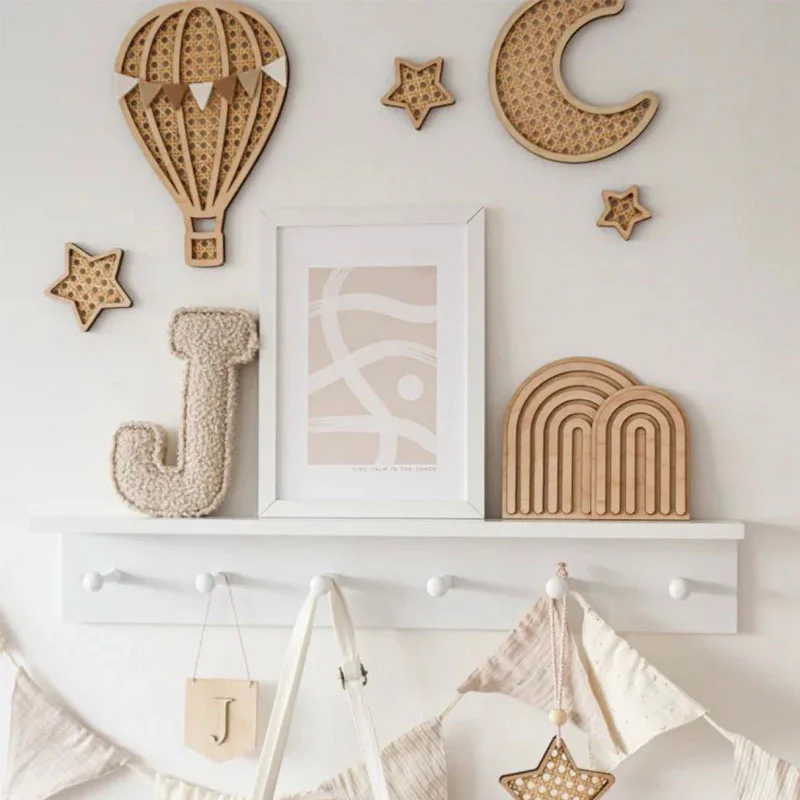 INS Rattan Woven Wall Ornaments Wooden Rattan Rainbow Hot Air Balloon Moon Star Wall Stickers For Kids Room Wall Decoration