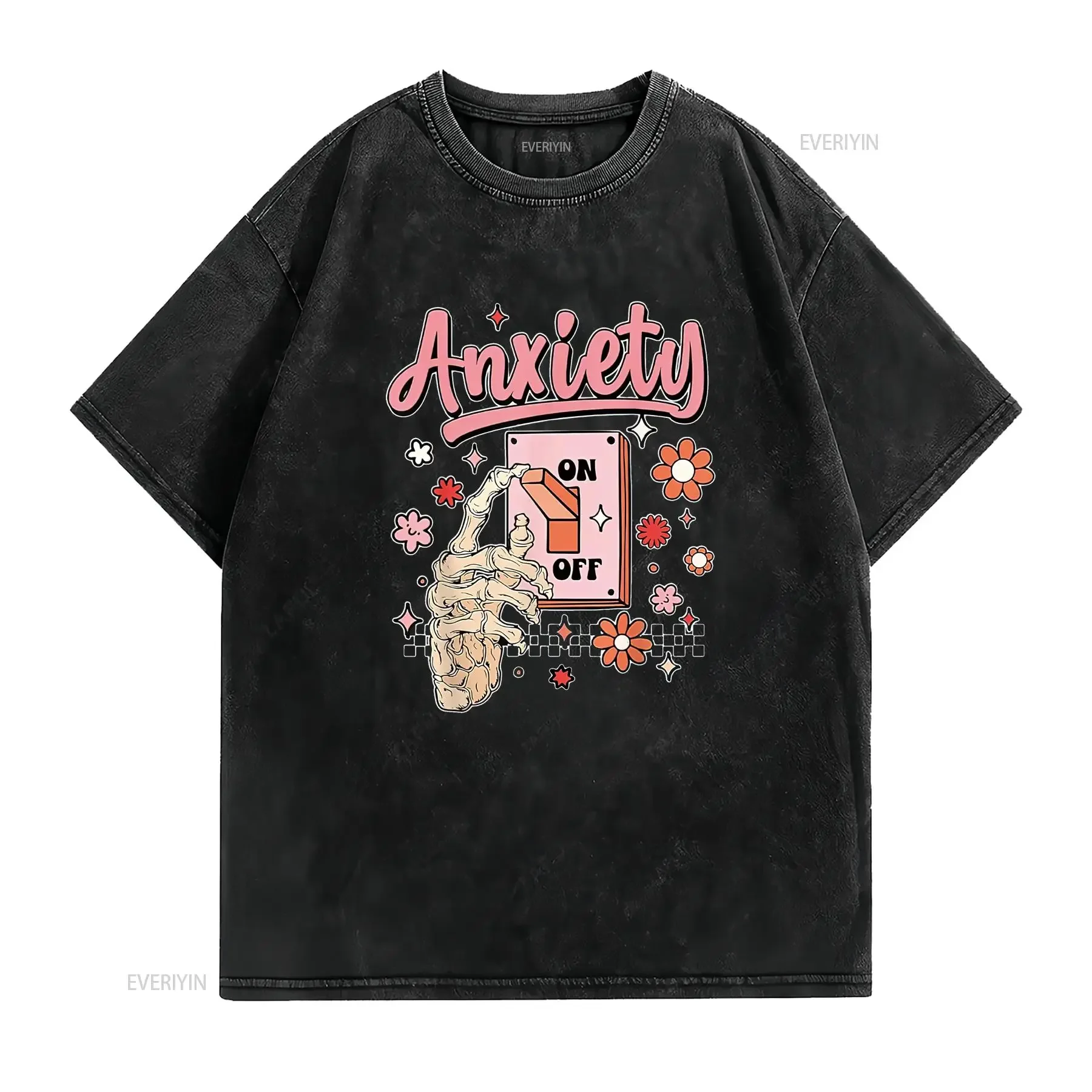 Womens Anxiety On Funny Switch Off Mental Health Awareness T Shirt Black vintage Washed Top For Everyday Wear Comfortable