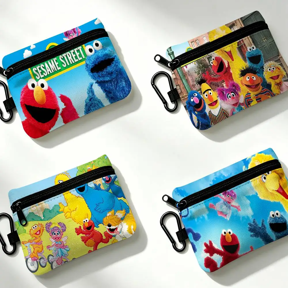 S-Sesame S-Street TV Cute Cartoon Portable Mini Oxford Cloth Coin Purse With Carabiner Hook Zipper Key Card Earphone Storage