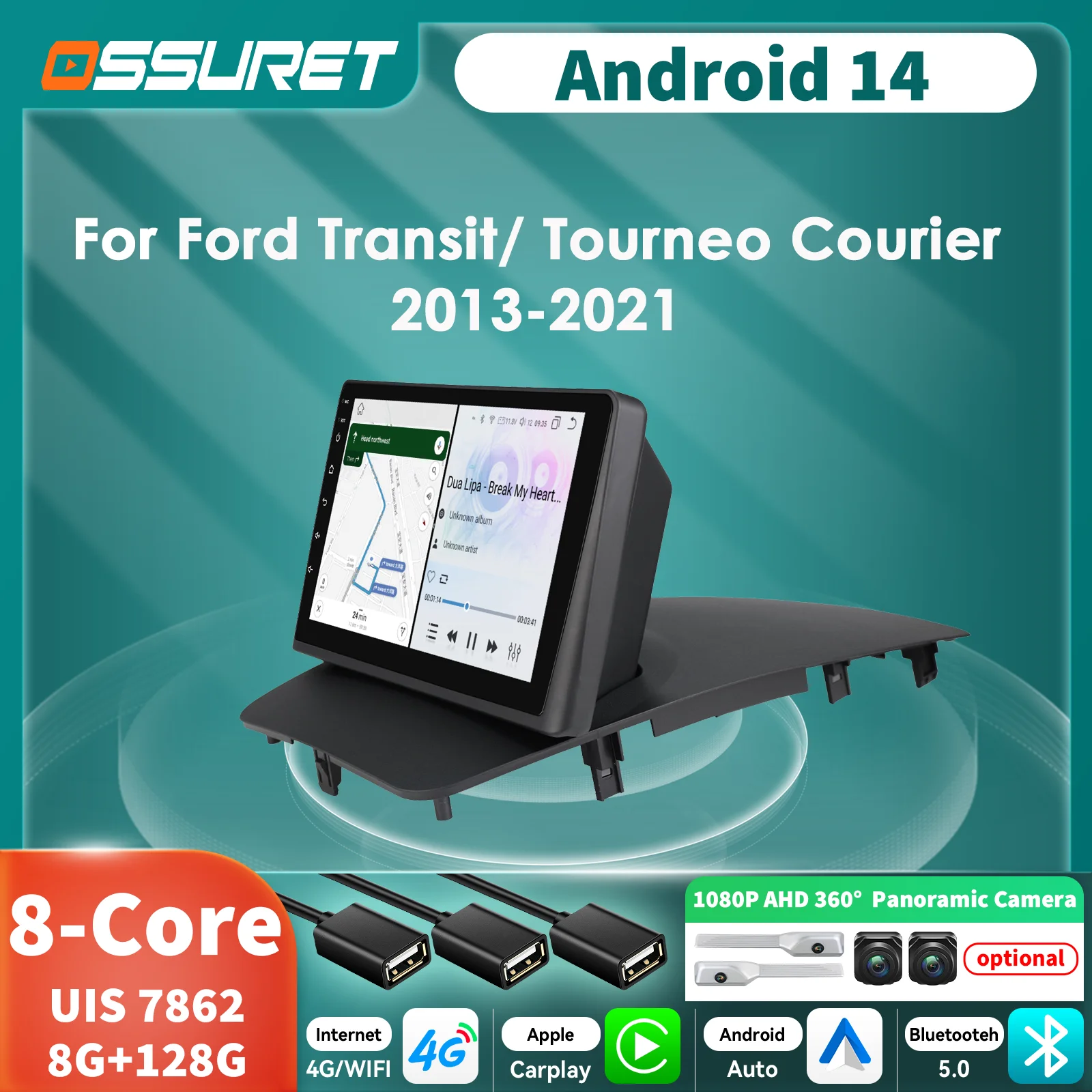 

2DIN Android 14 Автомагнитола для Ford Transit Tourneo Courier 2013-2021, мультимедийный плеер, GPS, камера 360°, интеллектуальные автомобильные системы