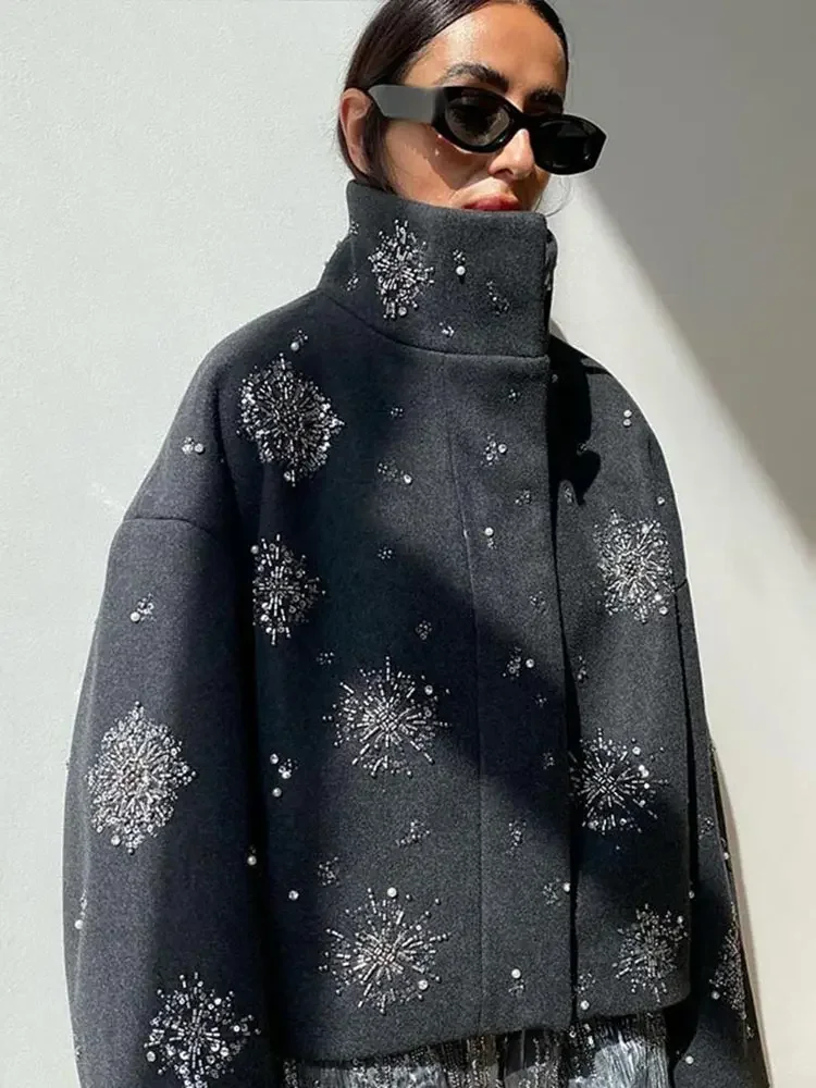 

Beaded Flower Woolen Coat Stand Collar Grey Sequin Short Overcoat High Neck Casual Loose Jacket Elegant Outwear Women's Clothing
