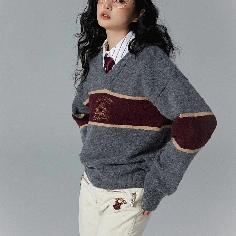 Fall/Winter 2024 New Harryy Potter Embroidery Stripe Contrast Knit Sweater Hermione Gryffindor V-Neck Sweet Versatile Top Gift