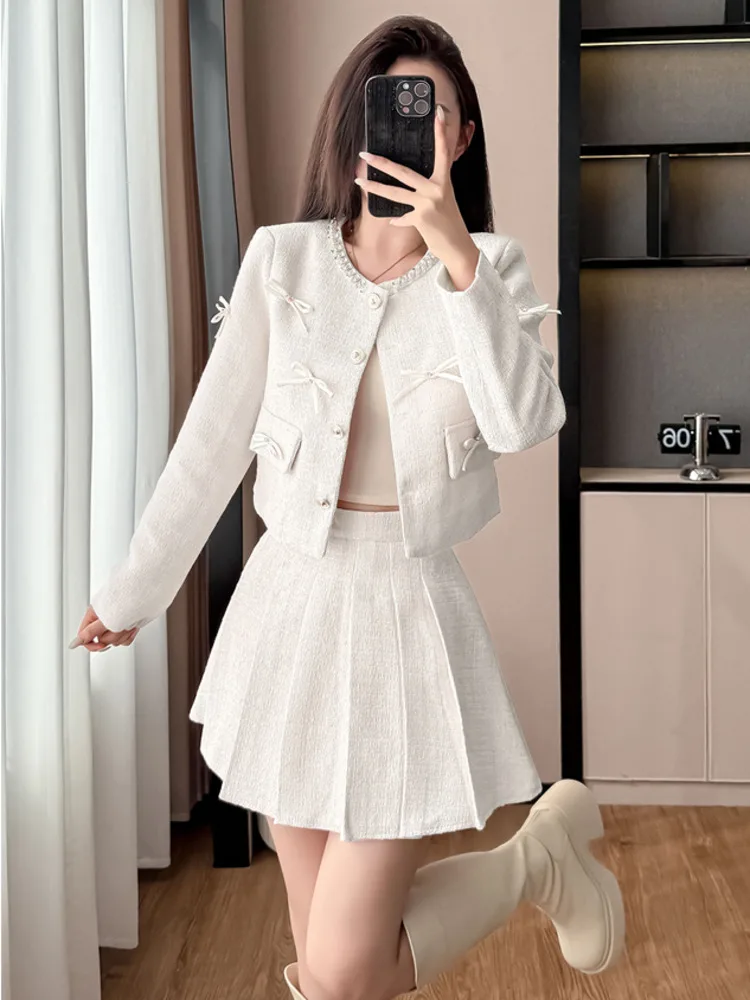 2025 Autumn Winter New French Vintage 2 Pieces Sets Tweed Jacket Short Coat Feather Splicing Blazer+High Waist  Mini Skirt Suit