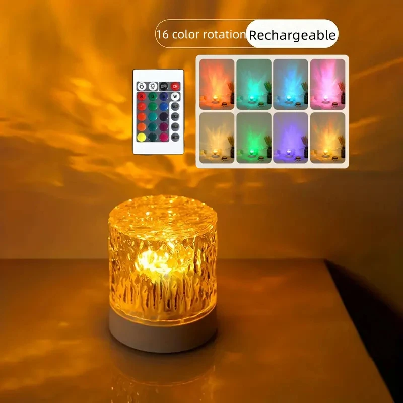 Dynamic Rotating Water Ripple Projector Flame Crystal Lamp LED Night Light 3/16 Colors Crystal Lamp for Home Bedroom Decor Gift