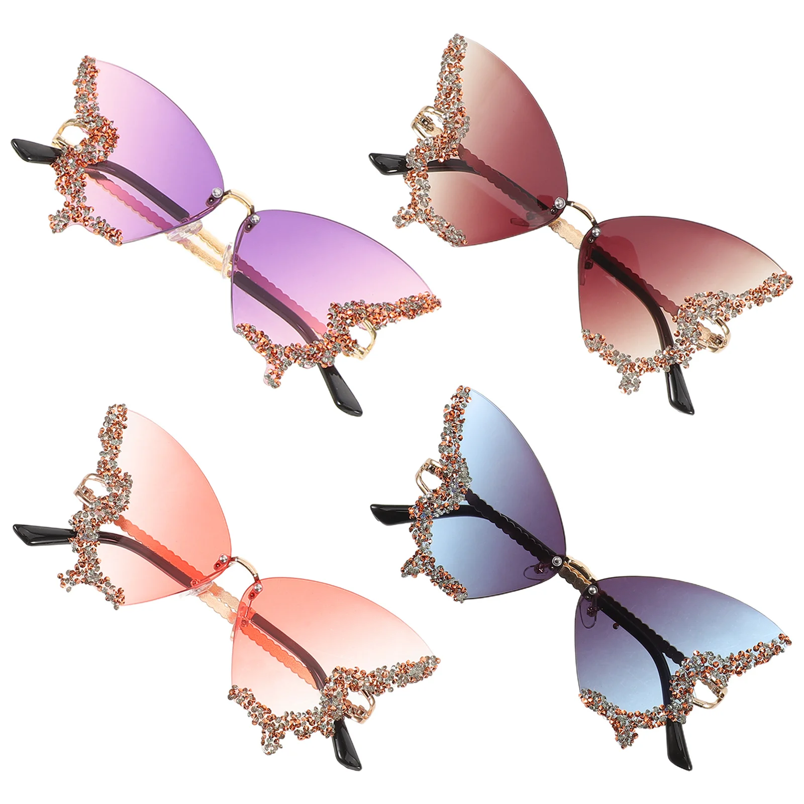 

4Pcs Vintage Rimless Sunglasses Women's Butterfly Shades with Rhinestones Glamorous Uv Blocking Lightweight Fashionable Outdoor