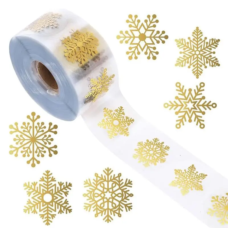 

Easy Use Snowflake Christmas Stickers Roll-Gold Foil 2500Pcs-Clear Round Adhesive Labels For Holiday Decor