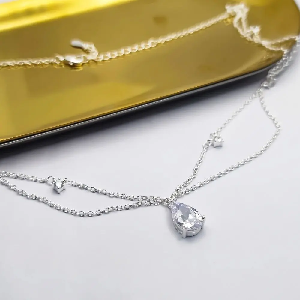 HESHI Aolly Shining Zircon Pendant Banquet Focus Sweet Two Layer Chain Necklace for Women