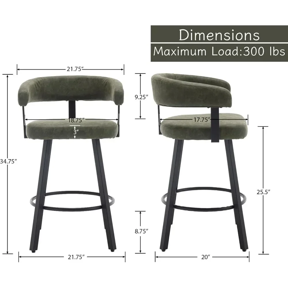 Conjunto de Cadeiras Confortáveis em Couro, Barstools com Costas e Apoio para os Pés, Bancadas Estofadas, Sala de Jantar, Kitchen Island, 25 ", Conjunto de 2