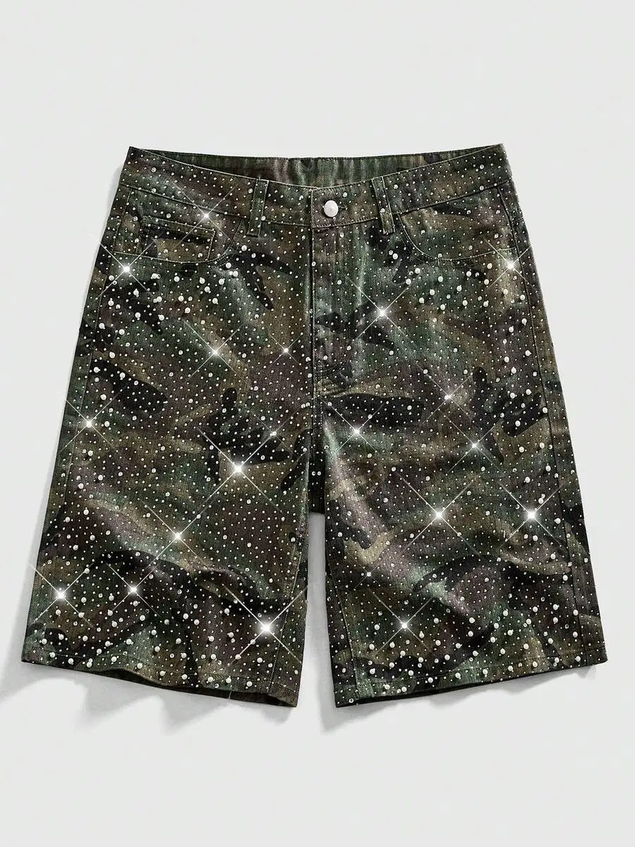 Casual Denim Shorts for Men with Pearl and Diamond Decor