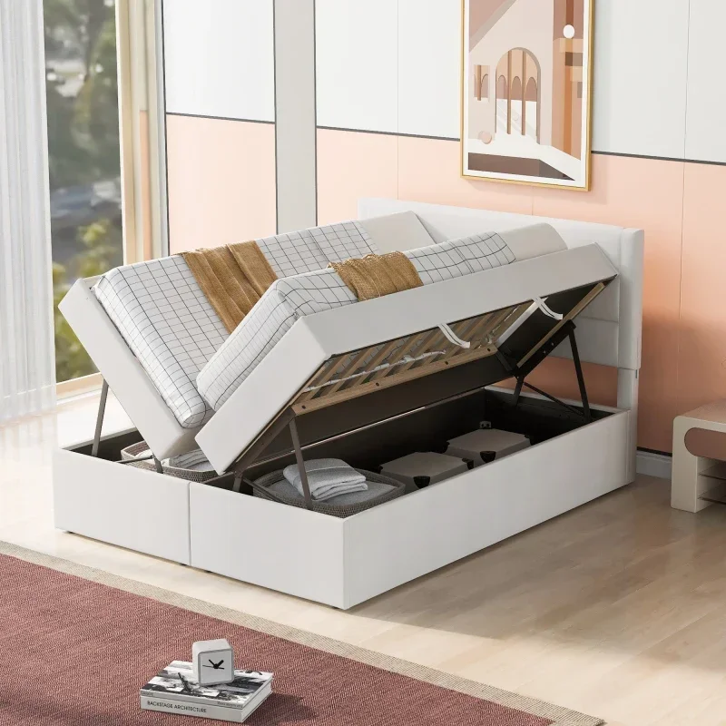 Beige Queen Size Upholstered Platform Bed with Storage Underneath, Easy to assemble for indoor bedroom furniture