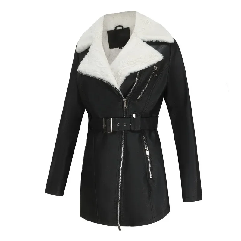 Veste en cuir chaude à double fermeture éclair pour femme avec ceinture, veste longue en peluche pour moto, combinaison de peau