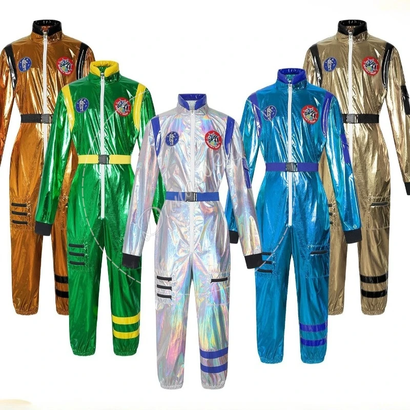 Spacesuit Astronaut Cosplay Uniform Costume Laser Jumpsuit Full Set Cool Stage Performance Role Play Outfit for Adult Boys Girls