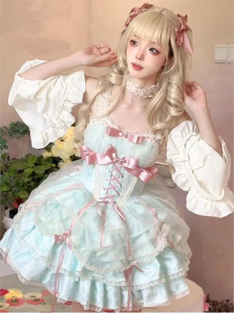 

A green and pink gentle cute 2D puffy subculture pure adorable dress