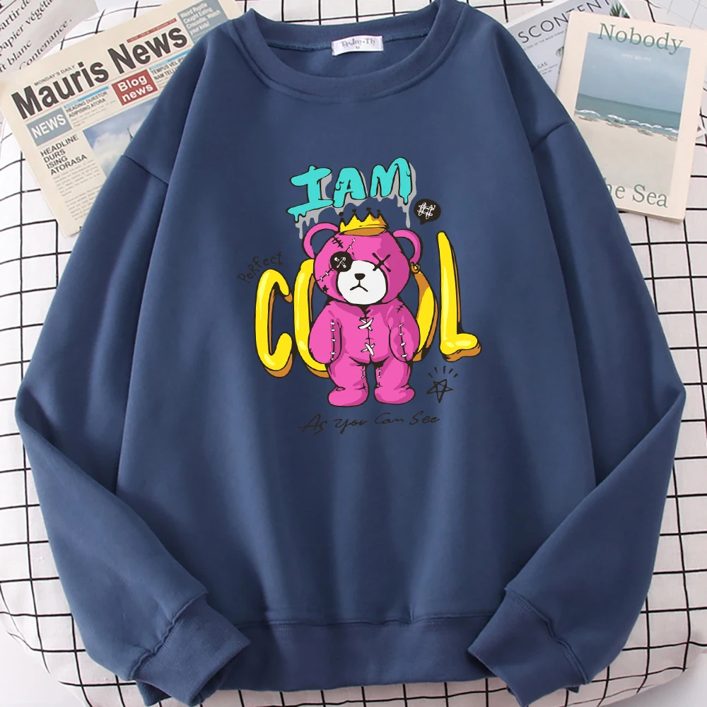 

I Am Cool Slogan With Pink Graphic Bear Doll Print Women Sweatshirt Hip Hop Sportswear Fashion Fleece Pullover Soft Clothes