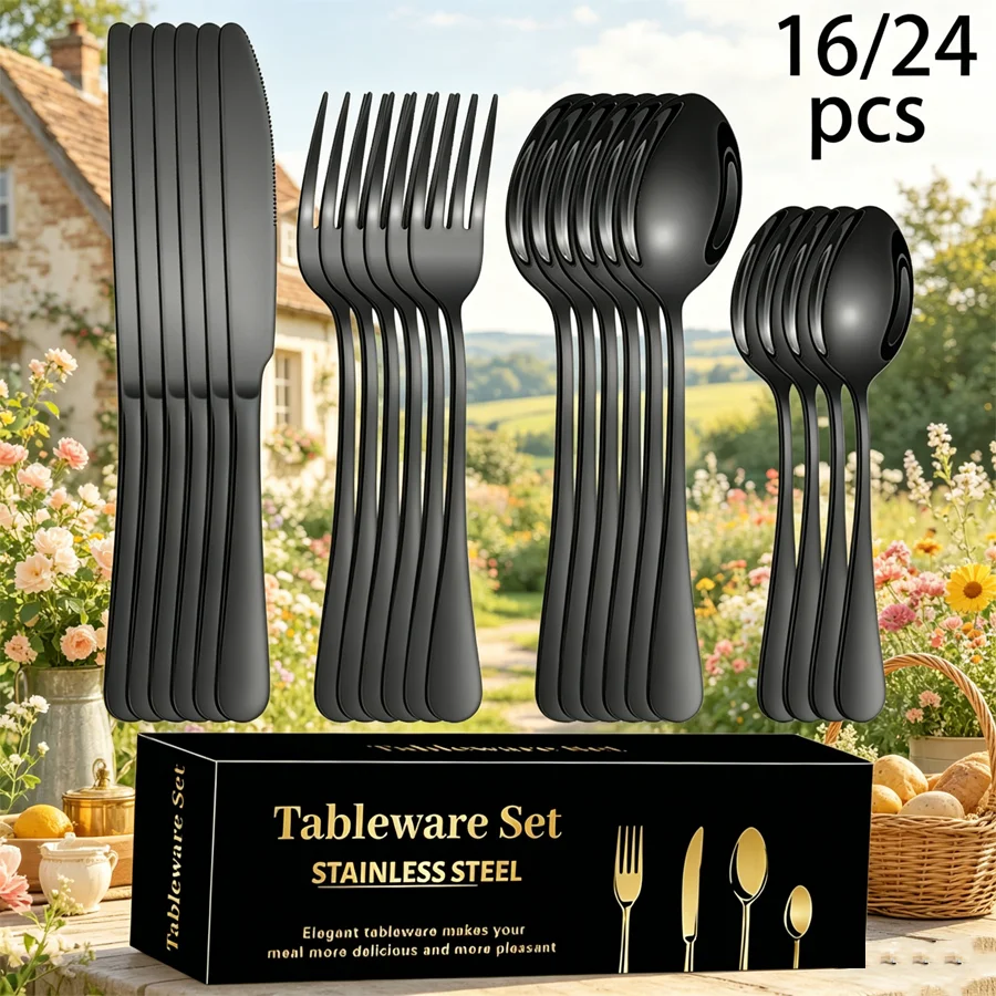 16/24-teiliges Edelstahl-Besteckset, einschließlich Tafelmesser, Löffel, Gabel und Dessertlöffel. Für 4-6 Personen geeignet. Geeignet für