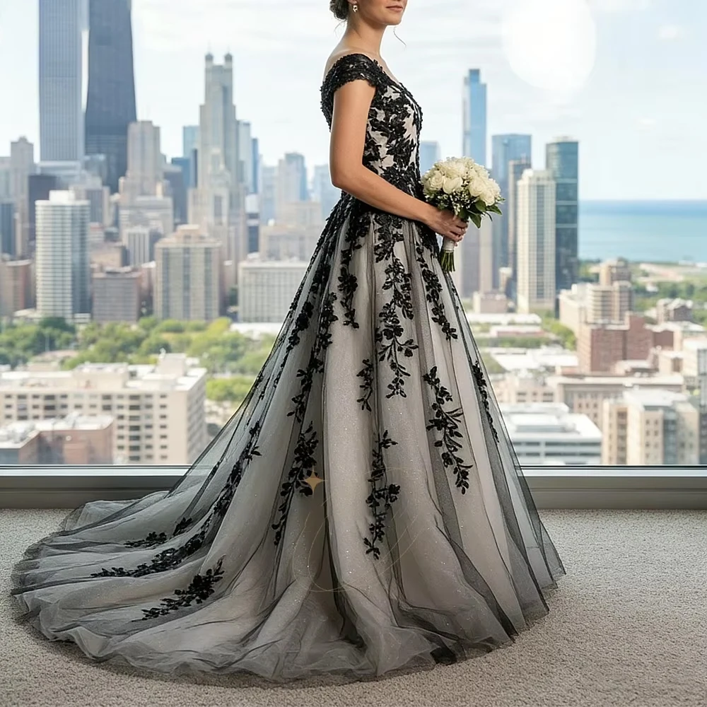 2026 Off the Shoulder Black Lace Wedding Dresses a Line Bridal Gown With Floral Appliques Sheer Tulle Skirt Luxury Gothic Style