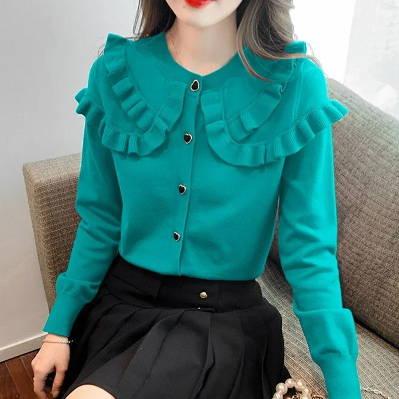 Peter Pan Collar Cute Female 2024 Autumn New Loose Peach Heart Button Fungus Edge Long Sleeve Knitted Sweater Cardigan