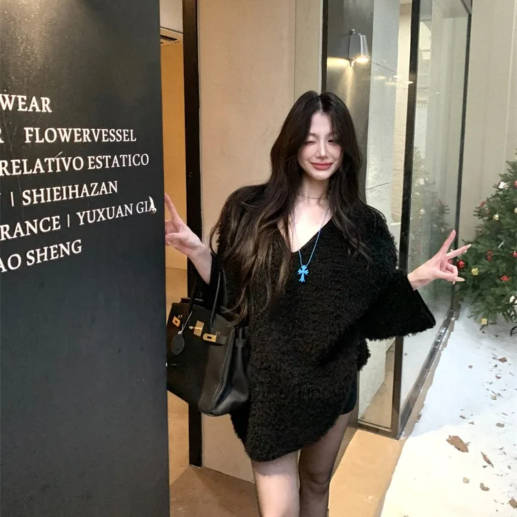 Ultra-Thi Übergroßer Lazy Sle Baby Samt Eepskin Hoodie Damen Long Sve V-Ne Korean Sle Pendeln Normale Länge