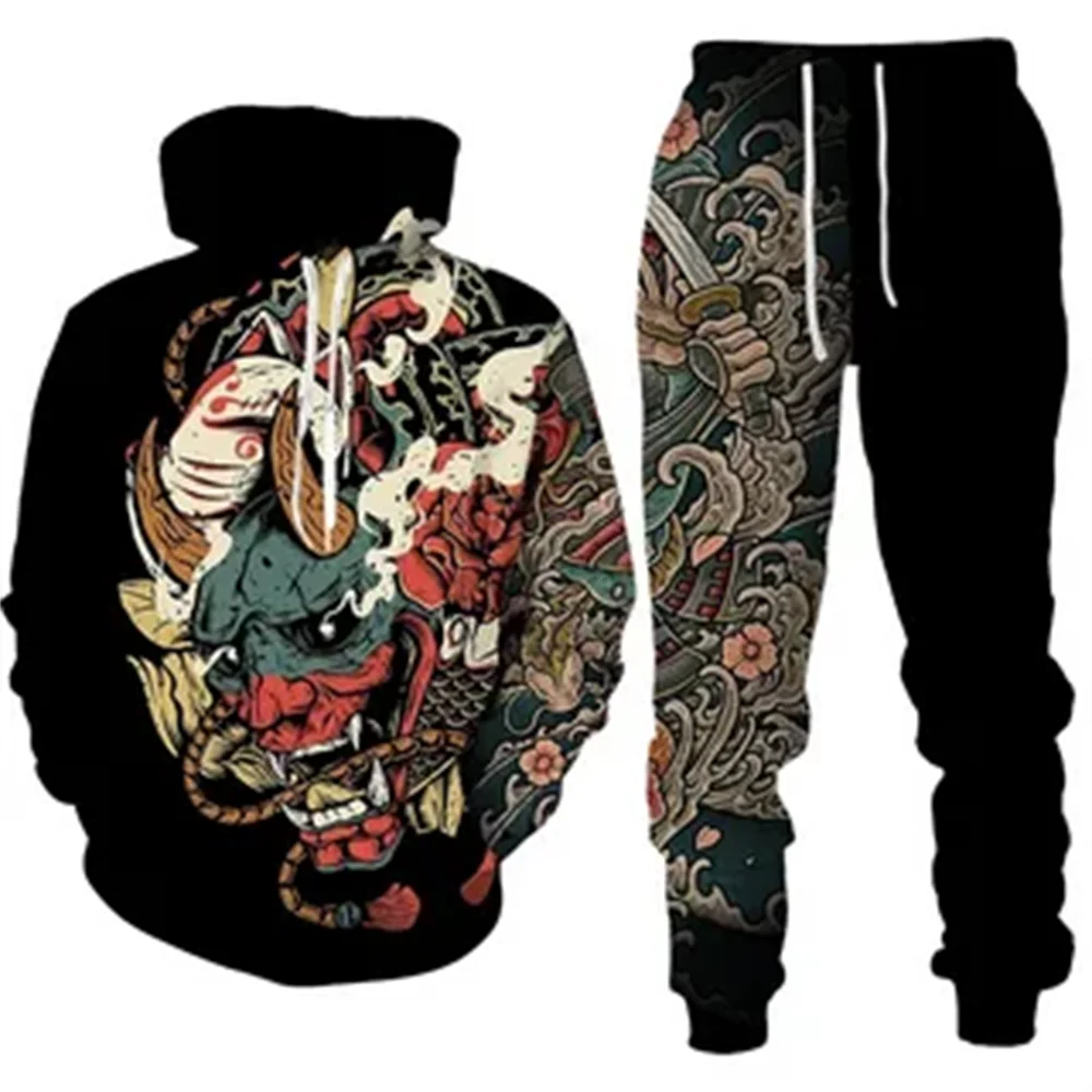 New Vintage Animal Dragon Lion Hoodie Sets Men Tracksuit Y2k 3D Printed Casual Sweatshirt pants Set Hip Hop Streetwear Clothing