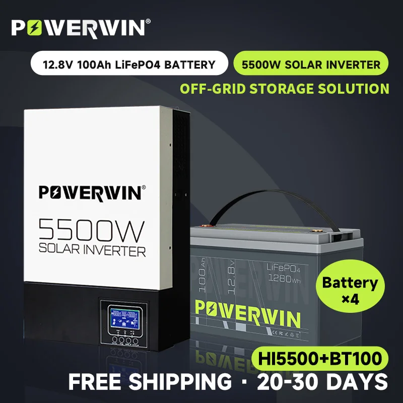 

POWERWIN BT100 LifePO4 12 В 100 Ач/1280 Втч HI5500 5500 Вт 48 В Чистая синусоида Гибридный солнечный инвертор 100 А MPPT Автономный ЖК-дисплей 48 В Батарея