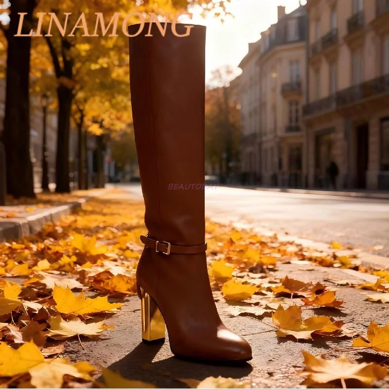 

Metal Hollowed Out Boots Stylish Color Blocking Belt Buckle and Side Zipper Design High-Heeled Round Toe Motorcycle Boots