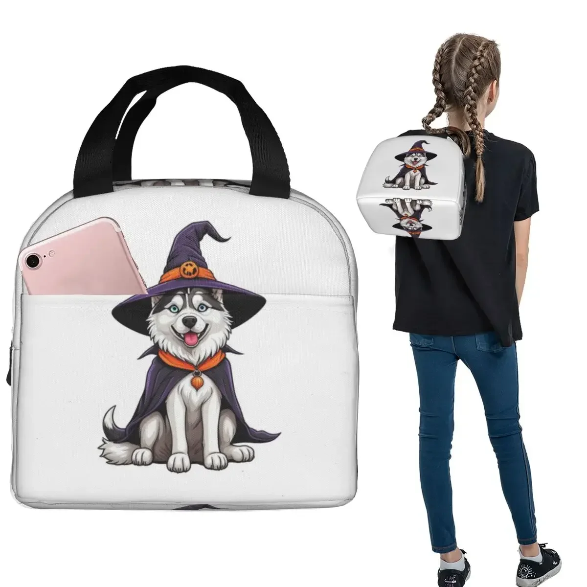 Siberian Husky Halloween Witch Decor Dog Lover Gift Insulated Lunch Bag for Women Children Food Boxes Thermal Lunch Box Tote