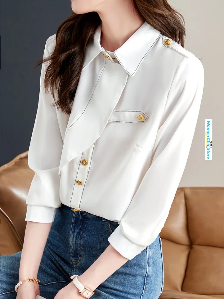 

Fashion Spliced Long Sleeve French Style White Dress Shirt Women Tops Spring Autumn Elegant Loose Casual Button Blouse C2588