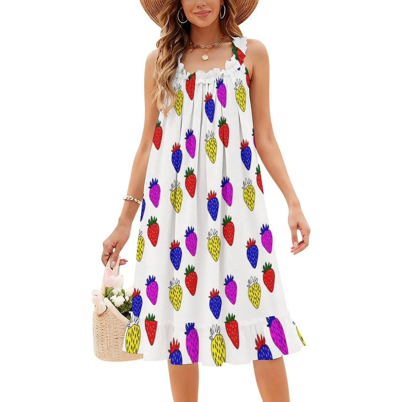 النيون الفراولة حقول للأبد فستان عطلة مثير للنساء شاطئ حفلة عيد ميلاد فستان قصير الفراولة الفاكهة الخنافس النيون الأحمر