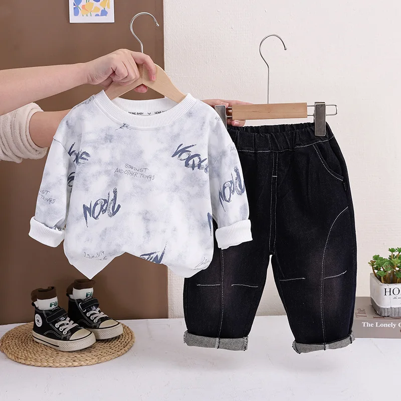 

Комплект из 2 предметов для маленьких мальчиков: толстовка с длинными рукавами и джинсы с принтом тай-дай, уличная одежда, повседневная детская одежда, 0-5 лет