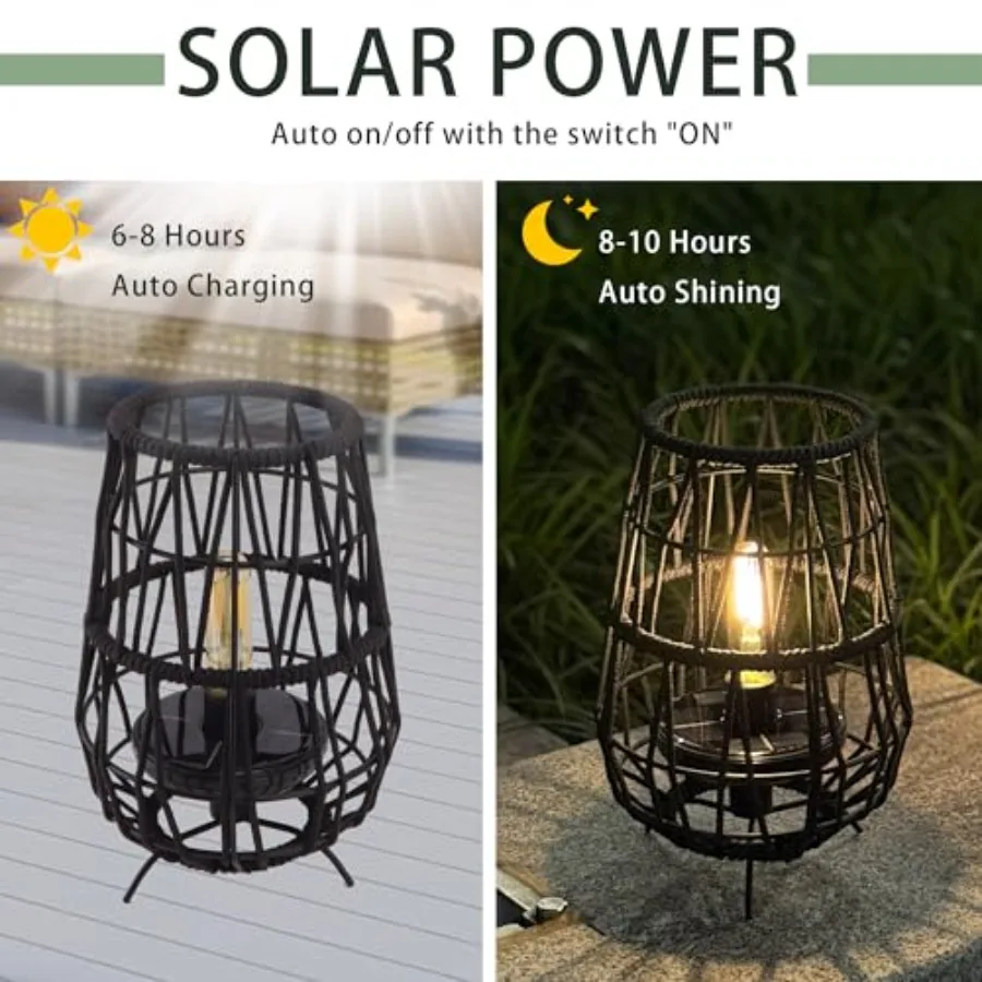 Set of 2 Solar Lantern Outdoor Table Lamp Outside Hanging Solar Lights with Olifen Rope Waterproof Rattan Outside Deck Light fo