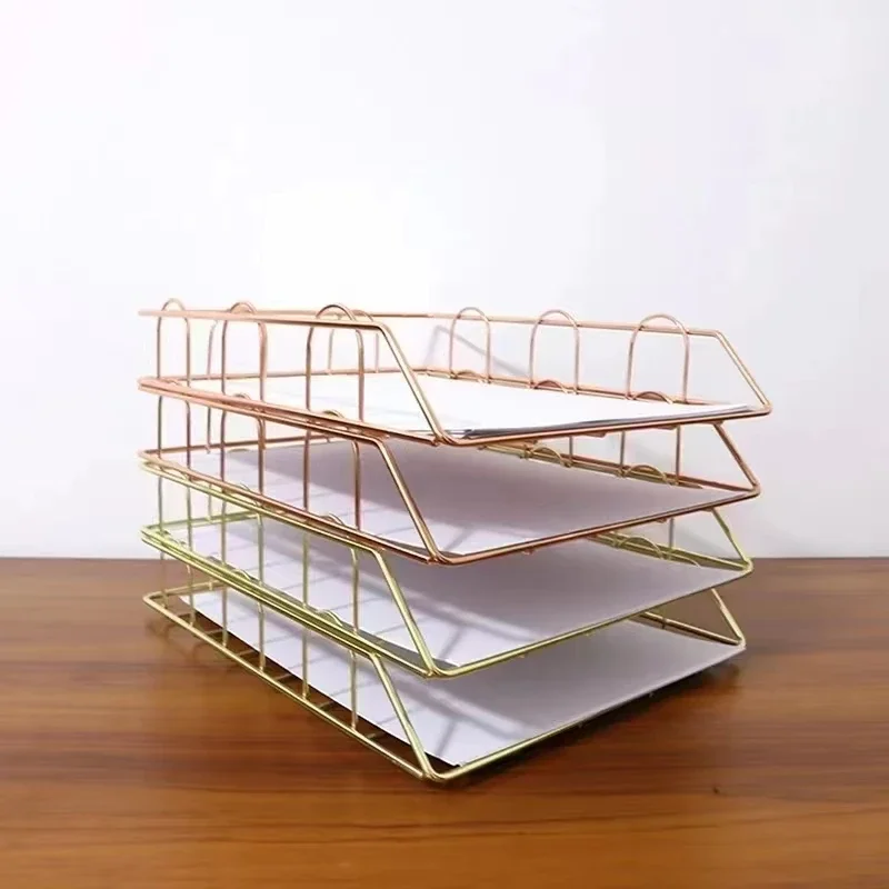Rose Gold Metal Stackable Desk Organizer, Office Paper Tray Document Letter Holder, Desktop Organizer for Home School Office