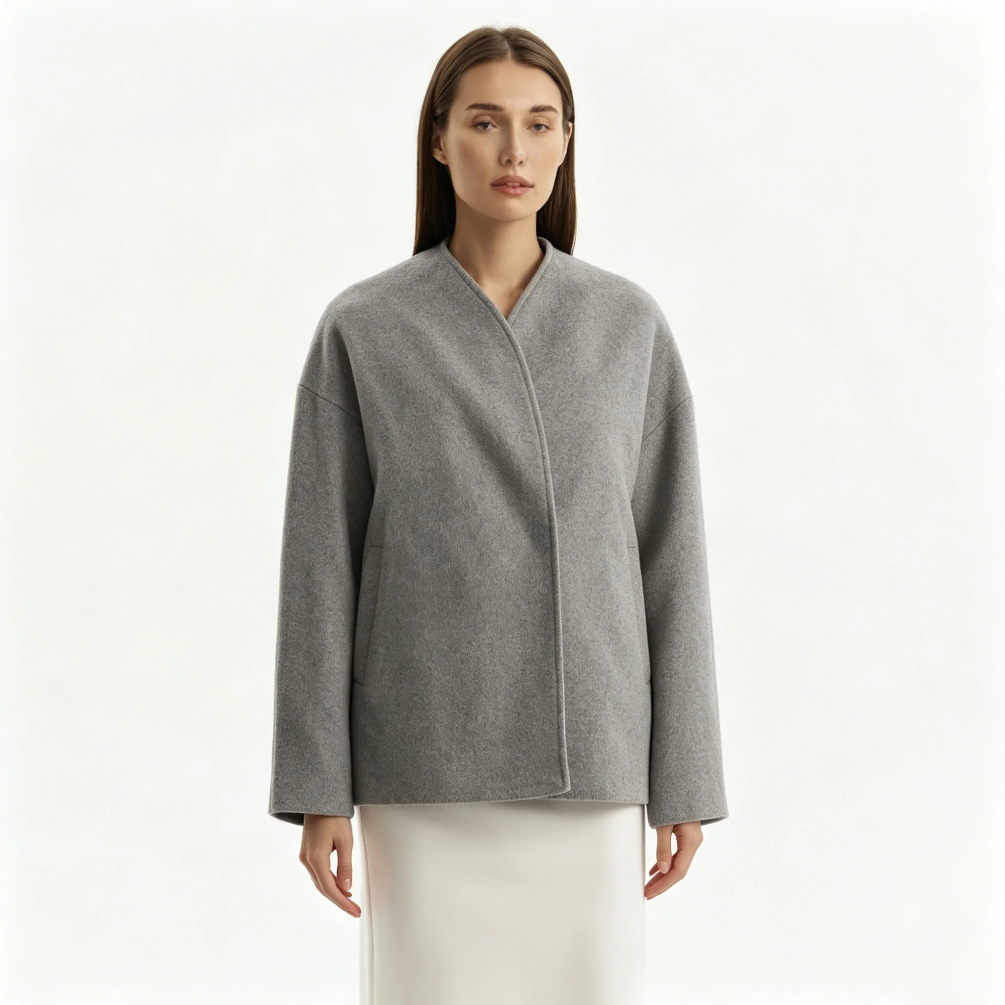 RU V Neck Wool Blend Short Coat Wrap Front Open Placket Drop Shoulder Side Pockets Loose Minimalist Outer Jacket