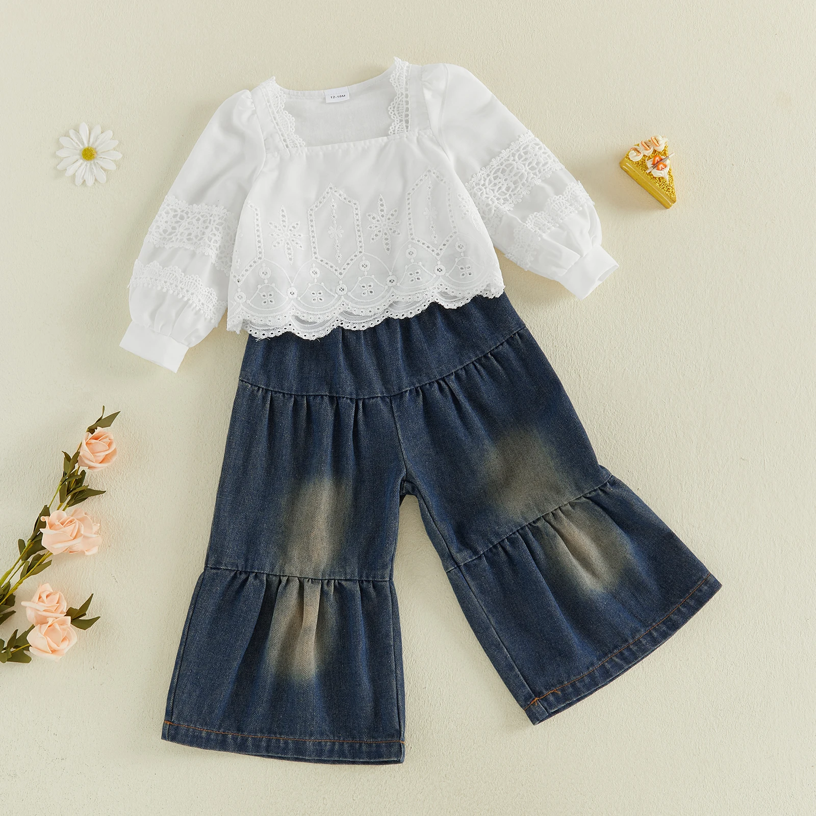 1-6Y Toddler Girl Denim Outfit Embroidered Square Neck Long Sleeve Shirt Tops Elastic Waist Jeans Pants 2Pcs Clothes Set