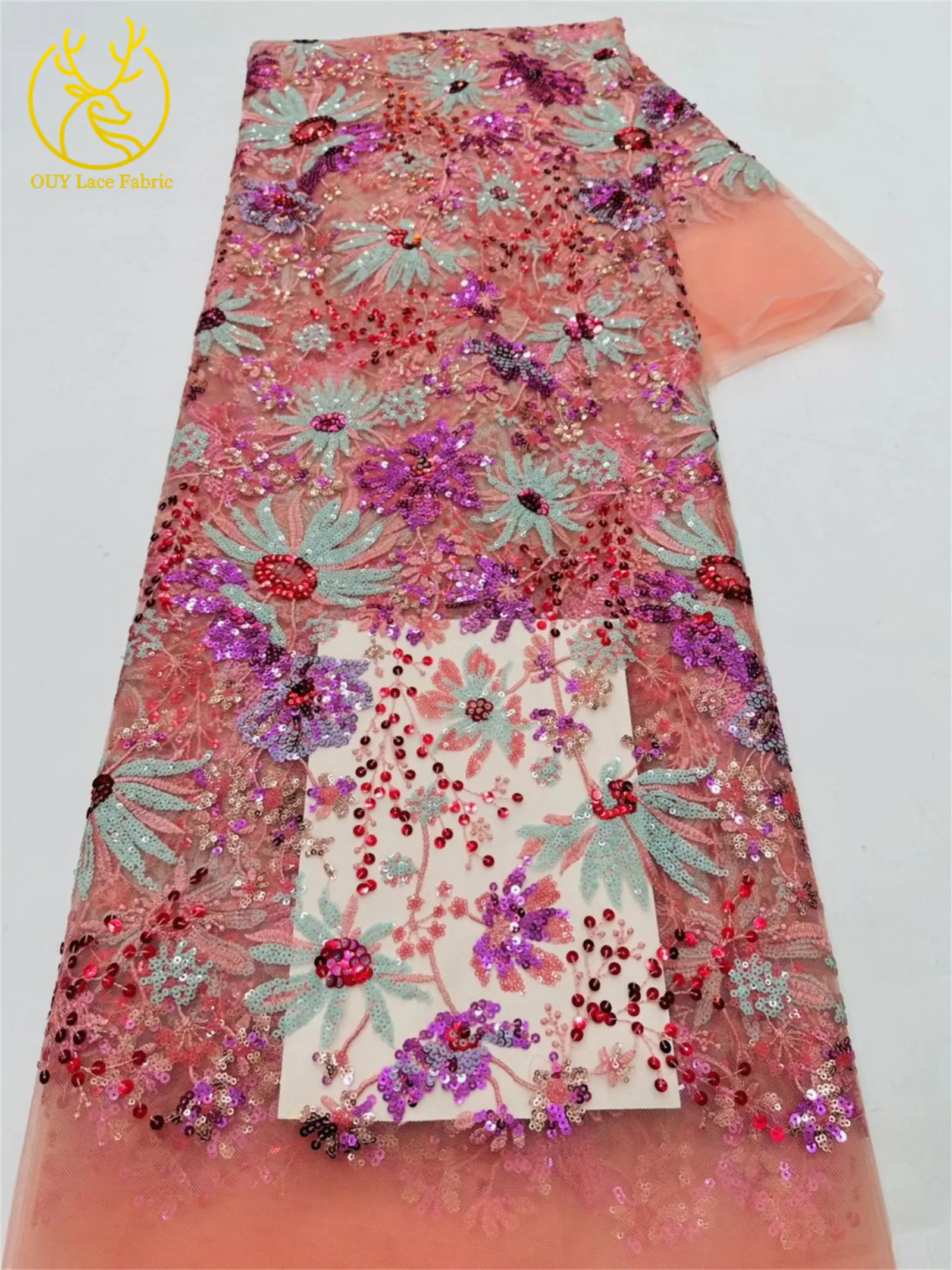 5 Yards des neuesten afrikanischen Pailletten bestickten Spitzenstoffs, hochwertiger französischer nigerianischer Mesh-Tüll-Spitzenstoff, Partykleid – Detail 4