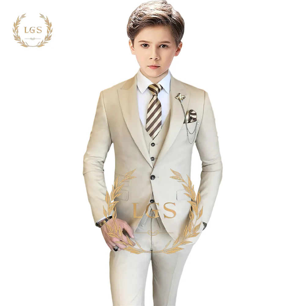 Boys' Beige Formal Suit 3 Piece Set - Slim Suit Vest Pants - Suitable for wedding celebrations and special occasions