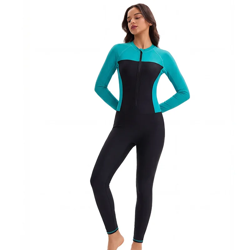 Women One Piece Swimsuit Long Sleeve Modest Surf Diving Suit Rash Guard Swimwear Zipper Front High Elasticity Beachwear UPF 50+