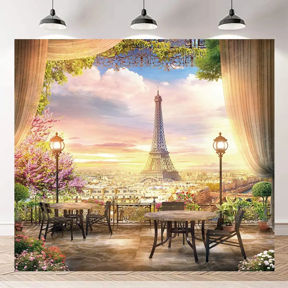 

French Paris Eiffel Tower Garden Photography Backdrops For Window Curtain Flowers Tree Sunset Landscape City View Background