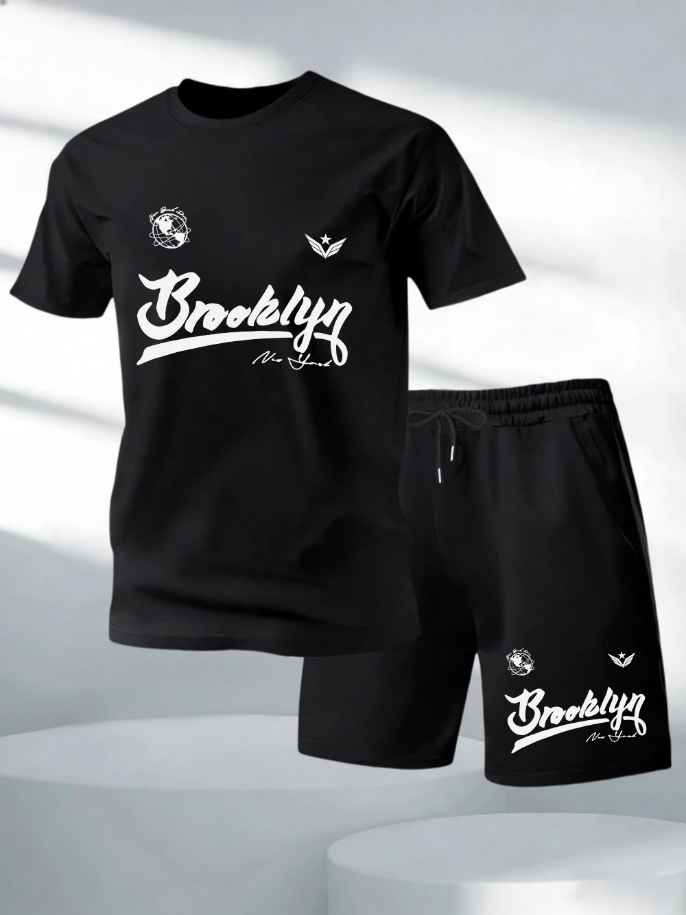 

Two Pieces Set Brooklyn Artistic Lettering Print Cotton Tops Shorts Mens Soft O-Neck Oversized T-Shirt Pocket High Waisted Pants