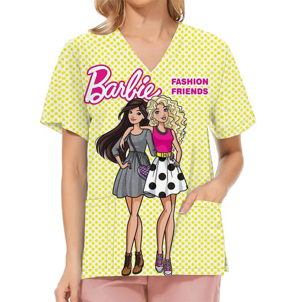 Nurse Uniforms Women Barbie Print Short Sleeve Scrubs Working Medical Blouse Overalls Uniforms Medical Nursing Spa Pet Dentistry