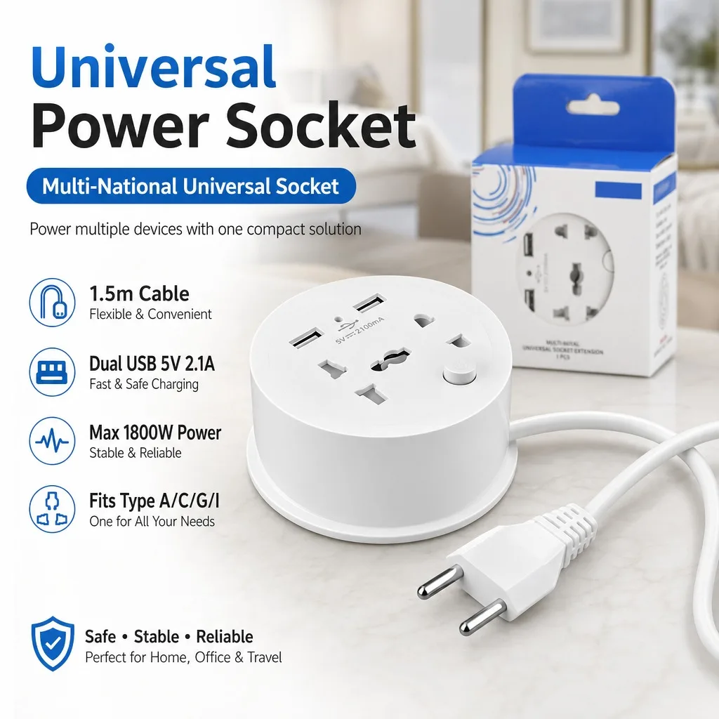 Adattatore Universale da Viaggio con Presa EU, Cavo di Prolunga Portatile da 1,5M, Presa USB Compatta, Gestione Intelligente dei Cavi