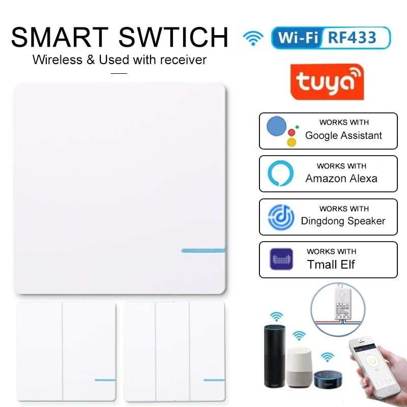 

Smart Wireless Light Lamp Switch RF 433Mhz 80-275V Wall Panel & Mini Relay Receiver Alexa Google App Remote Voice Control Home